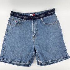 Tommy Hilfiger Y2K 90s Spellout Classic High Waist Blue Denim Shorts Womens 10