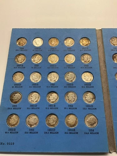 1946-1964 Complete Roosevelt Silver Dime Set Album + 2 Coins /50 Total