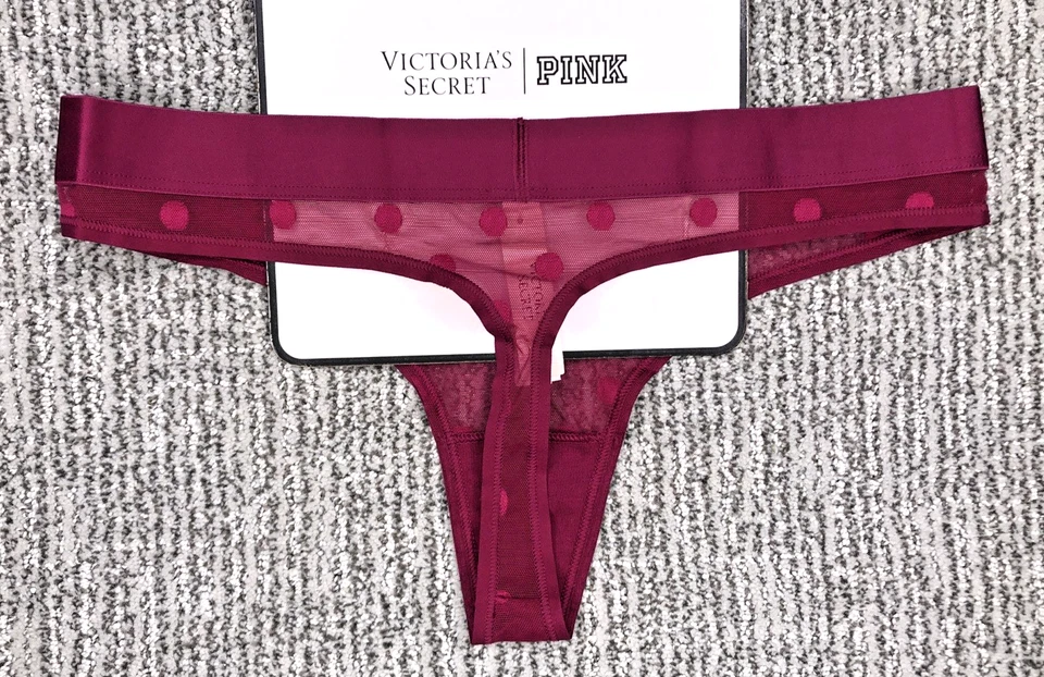 Panty Tanga Victoria's Secret Nuevo con Etiquetas XL Magenta Lunares Transparente Heritage Logo Foto 2 de 4