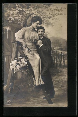 Foto-AK EAS: Liebespaar an einer Leiter, Pfingstgruß 1913 