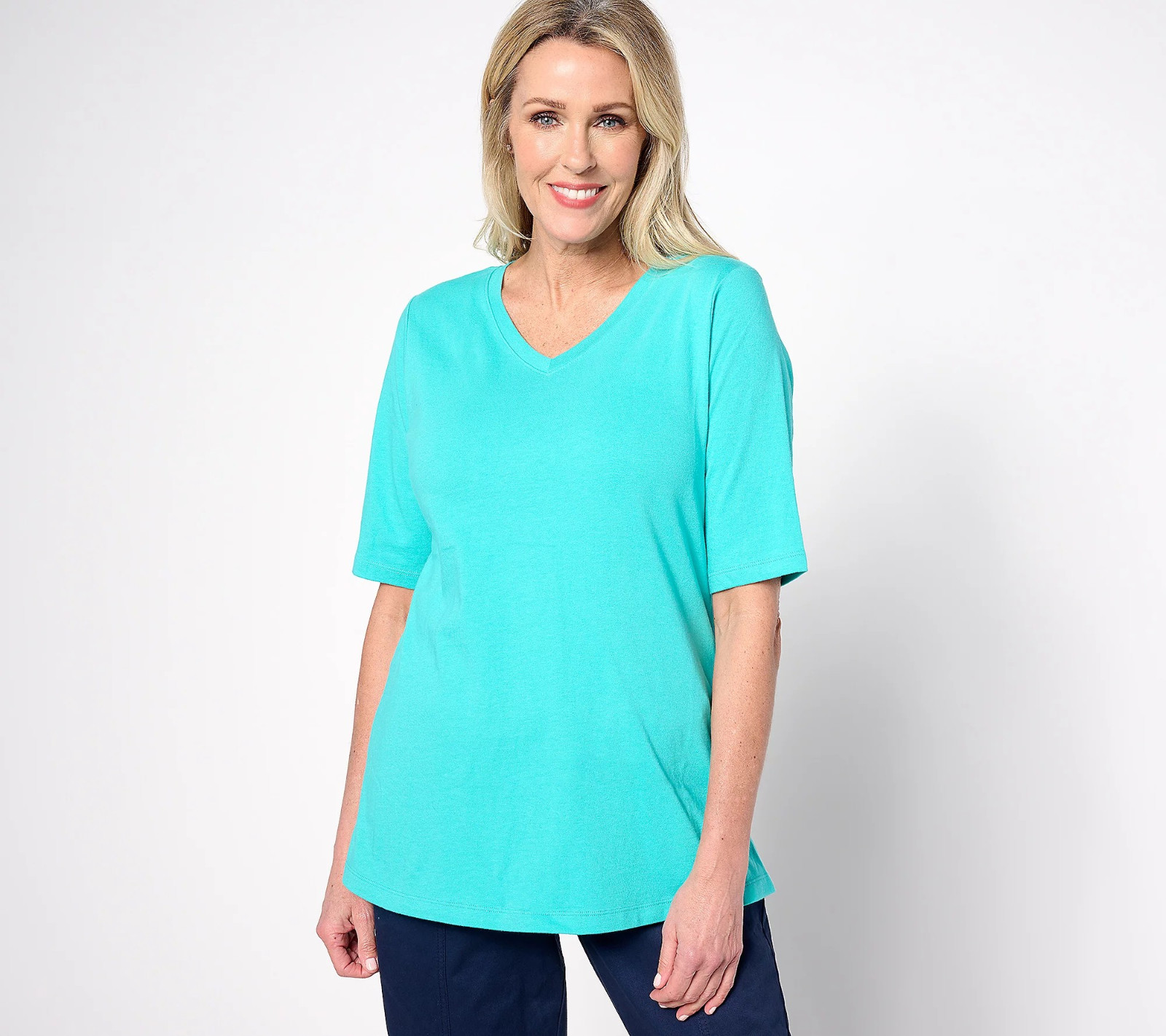 Denim & Co Ess. True Cotton Jersey V-Neck Short-Sleeve Tunic - Women's XL - Aqua