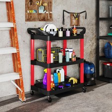 3-Tier Tool Trolley on Wheels, Plastic Mobile Service Utility Cart, Black & Red