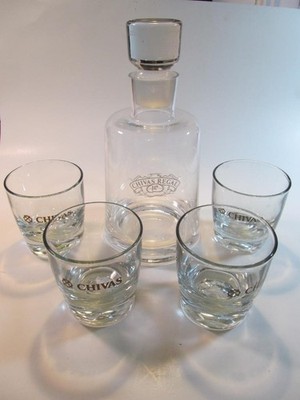 Chivas Regal Logo Bar Set Embossed Decanter and 4 heavy rocks glasses No defects