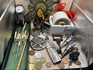 Vintage Junk Drawer Lot Bottle Stoppers Lighters Coins & More
