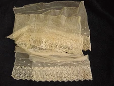 ANTIQUE LACE-LOT OF 2 HEAVILY EMBROIDERED COTTON NET LACE PANELS~DRESS~REPURPOSE