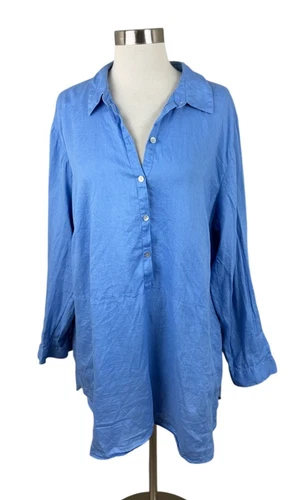 J. Jill Love Linen Blue Partial Button Popover Tunic 2X Beachy Coastal Pockets