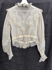 Antique Edwardian Lace Blouse 1905  1915 Cotton Net Ribbon embroidery high neck