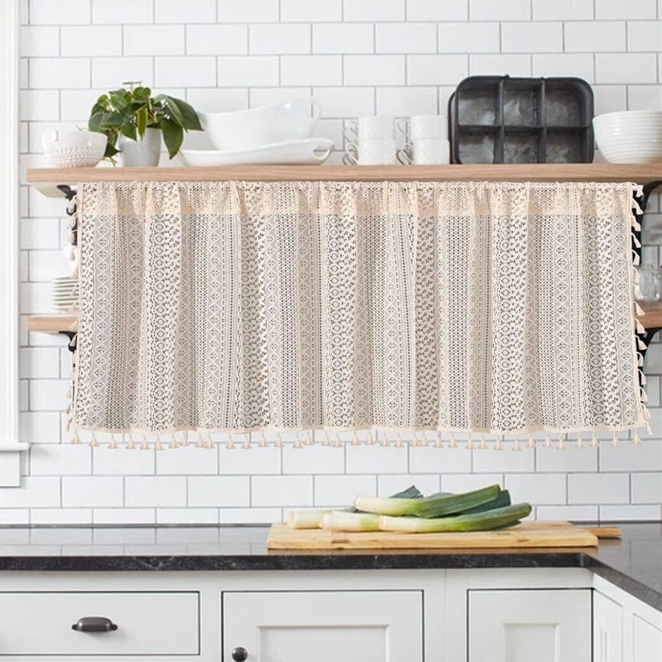 Retro Crochet Encaje Media Cortina Corto Gabinete de Cocina Café Ventana Cortinas Cenefa Foto 3 de 4