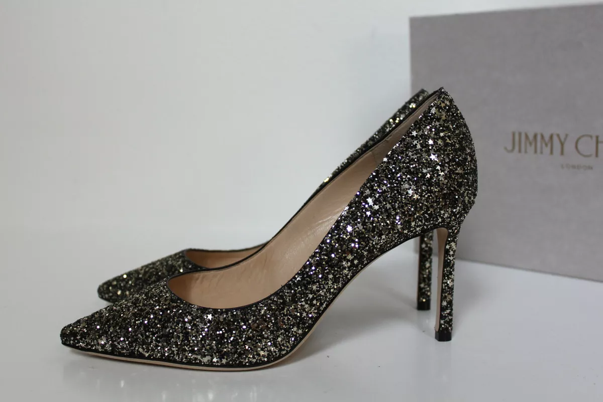 sz 10 40 Jimmy Choo Romy Gunmetal Star Coarse Glitter Pointed