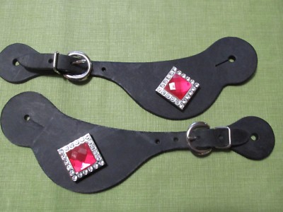  Black Leather Spur Strap Pink & Crystal Blink accents
