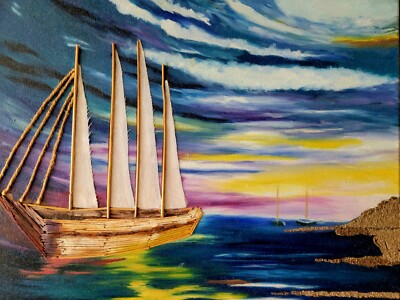 Original oil painting, Yacht in the sea, 3D painting 