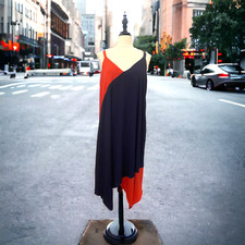 Madison Leigh Navy/Burnt Orange V-Neck Crepe Colorblock Hankie Hem Dress NEW