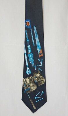 Tool Belt Home Improvement Wrench Hammer Screws Nails Saw Novelty Blue Neck Tie
