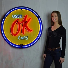 OK used Cars GM Neon Sign 36" Steel Case Hand Blown Glass Chevrolet wall Lamp