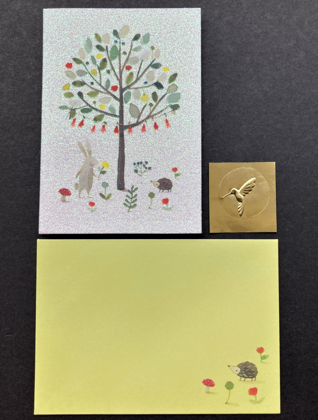 SET OF 6 Papyrus Rabbit Hedgehog Glitter SMALL Blank Note Cards Gold