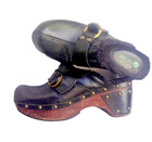 Black Stud Clogs Leather Shoe Faux Fur Brass Nailhead Buckle Boho Slide On Heel — photo 7