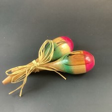 Vintage Original Mexican Handpainted Wooden Fiesta Maracas Set Of 2