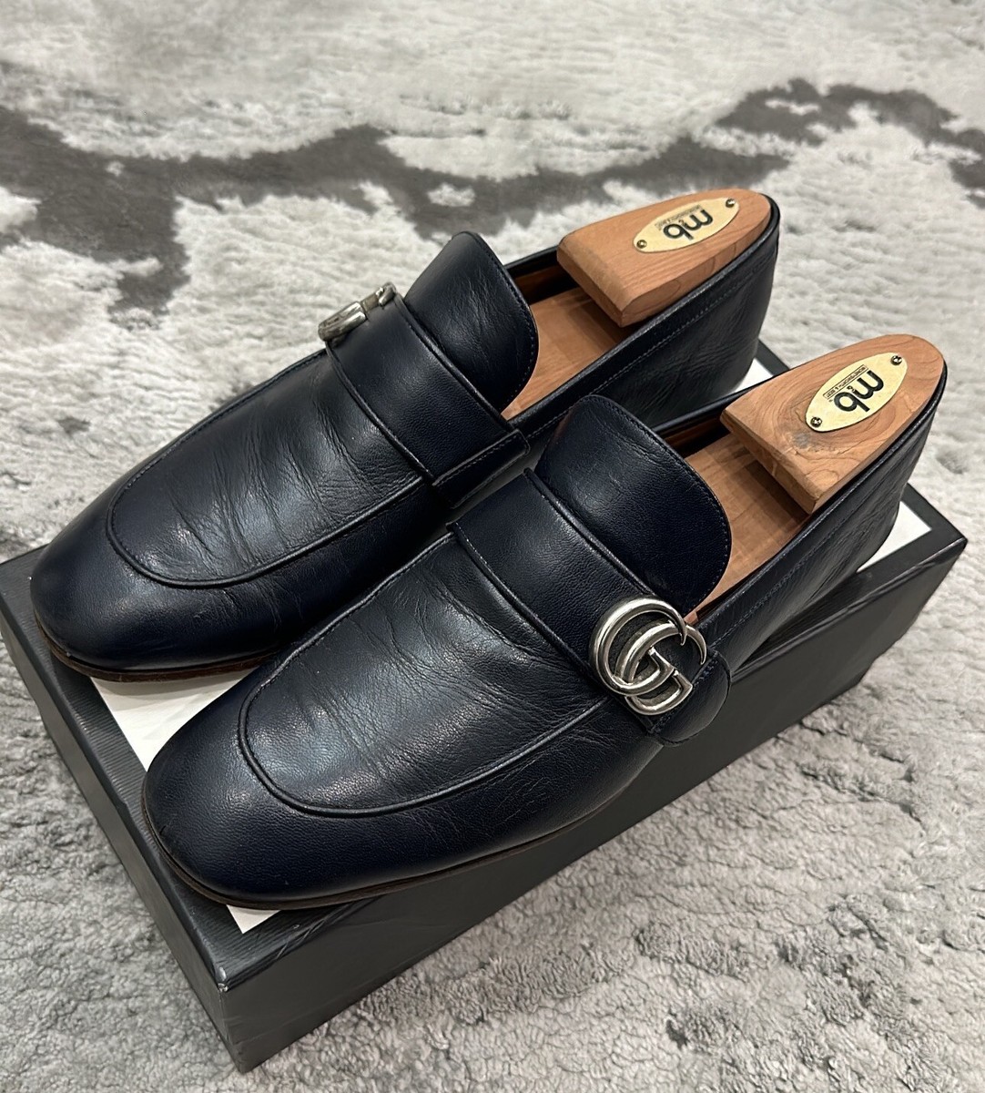 Gucci Men’s Navy Blue Embossed GG Leather Penny Loafers Gucci Blue Leather Penny Slip On Loafers Size 42.5 Gucci  main image 4