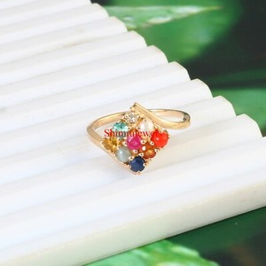 Authentic Natural Navaratna Gemstone With 18k Gold Plated Silver Women's Ring #1141