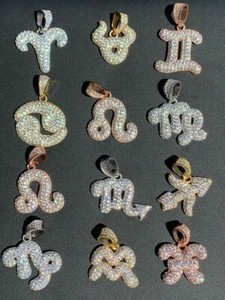 Authentic Solid 925 Silver Gold Plated Iced Bubble CZ Zodiac Astrology Sign Pendant HipHop