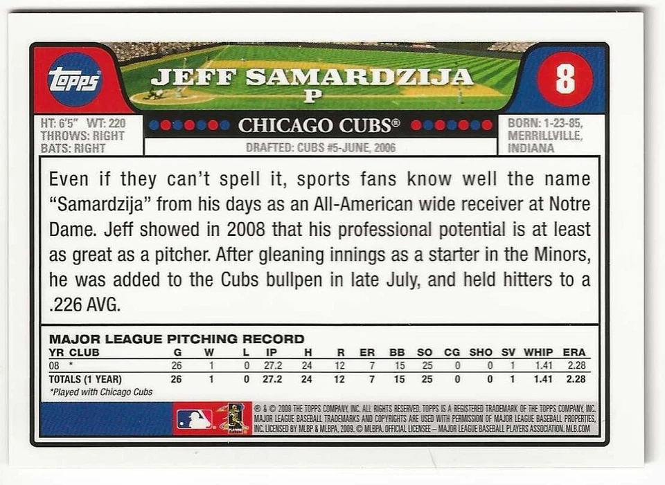 Topps Red Hot Rookie Redemption 2009 Jeff Samardzija cromo ref # 8 Foto 2 de 2