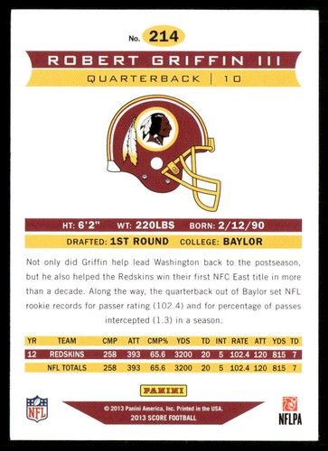 Robert Griffin III 2013 Score #214 Washington Redskins - Picture 2 of 2