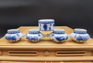 1set 5pcs Asian Bamboo Bird Cage Blue And White Cattle Porcelain Ceramics Cups
