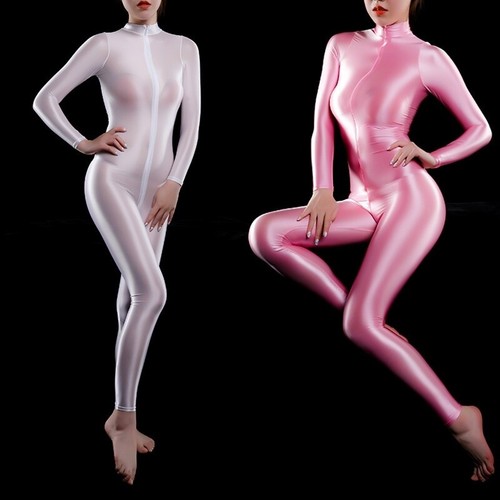 Women Silky Oiled Shiny Catsuit Bodysuit Bodycon Costume Playsuits Cosplay - Afbeelding 1 van 18