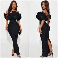 Fashion Nova Womens Floral Bandage Gown Black 3D Rosette Off Shoulder Size XS