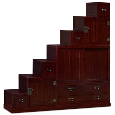 US Seller - Dark Cherry Elmwood Grand Japanese Step Tansu Chest