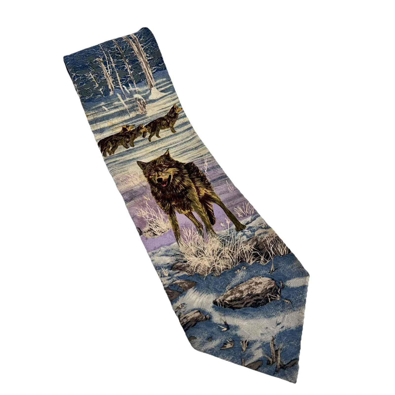 Endangered Species Necktie Wolf Snow Novelty 100% Silk All Over Print Vintage