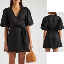 FAITHFULL THE BRAND 'Godiva' Black Linen Wrap Dress US 10