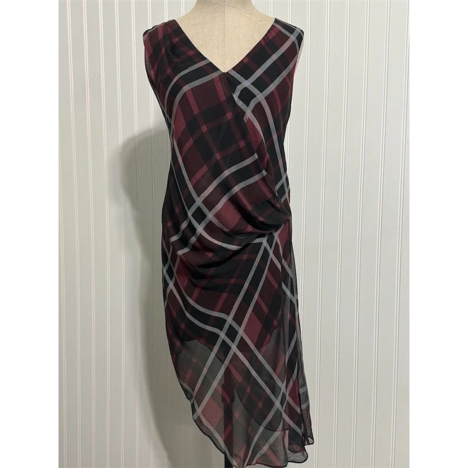Vestido assimétrico xadrez Haute Hippie 100% seda novo com etiquetas Borgonha pequeno $365 - Imagem 2 de 4