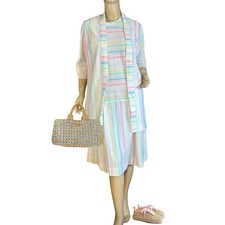VINTAGE CIRCA 1970'S WHITE W/PASTEL STRIPES DROP WAIST DRESS SET SZ APPX MED