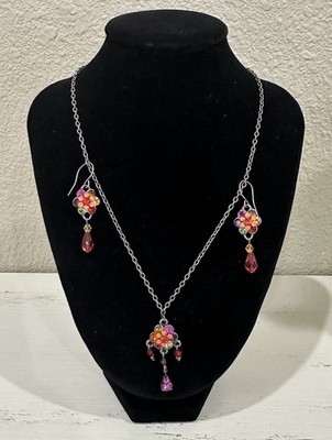 MICHAL NEGRIN Necklace & Earrings - Flower Pendant Colorful Crystal Rhinestones