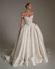 White Strapless Neck Satin Wedding Dresses Sleeveless Lace-Up Back Bridal Gowns