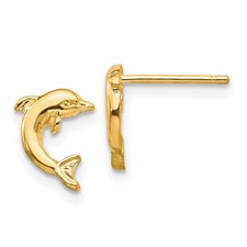 Small 2D Jumping Dolphin Post Earrings in 14k Yellow Gold