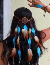 Bohemian Dreamcatcher Feather Headband Indian Gypsy Headpiece with Blue and B...