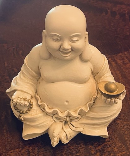 Laughing Buddha Resin Figurine Holding Yuanbao Gold Ingot and Mala Beads ~ 4" H