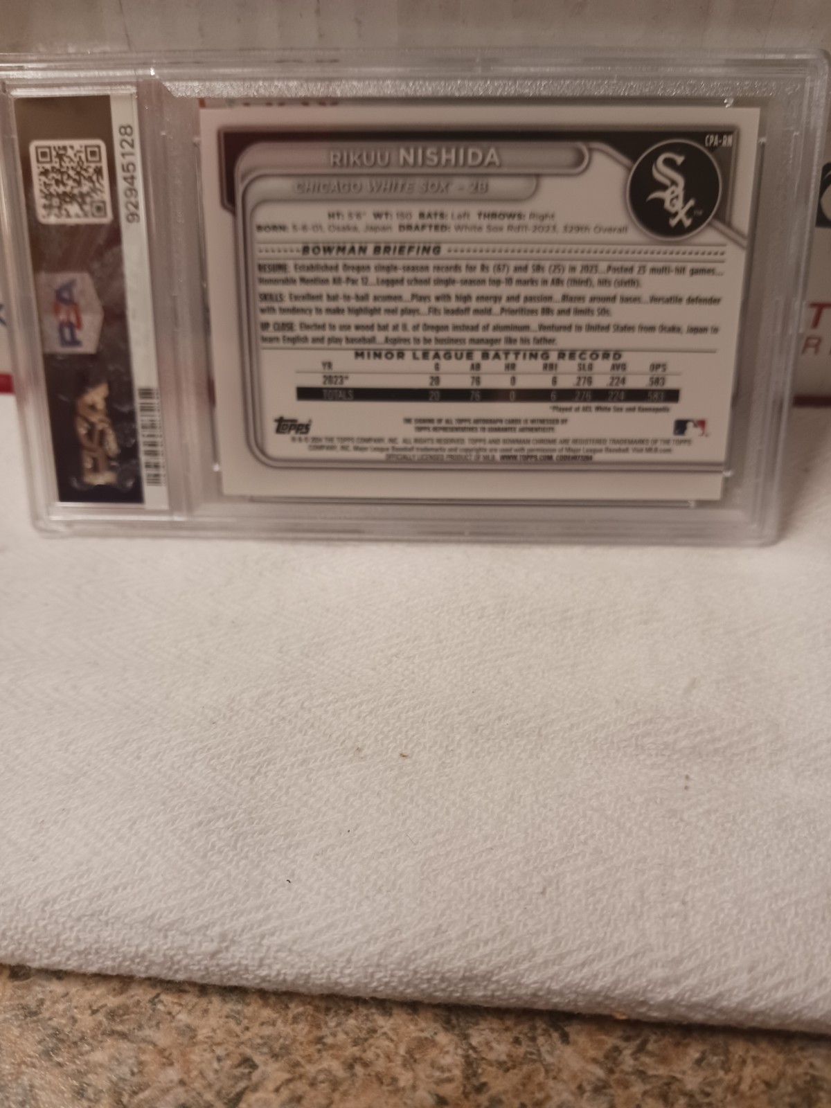 2024 Bowman Chrome Prospect Autographs Rikuu Nishida #CPA-RN (AU, RC) PSA 10 view 6