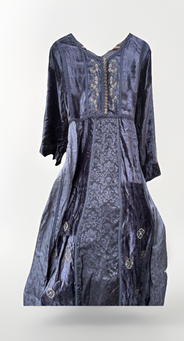 Women’s Long Sleeve Multi Pattern Texture Blue Full Length  Maxi  Dress Size 14