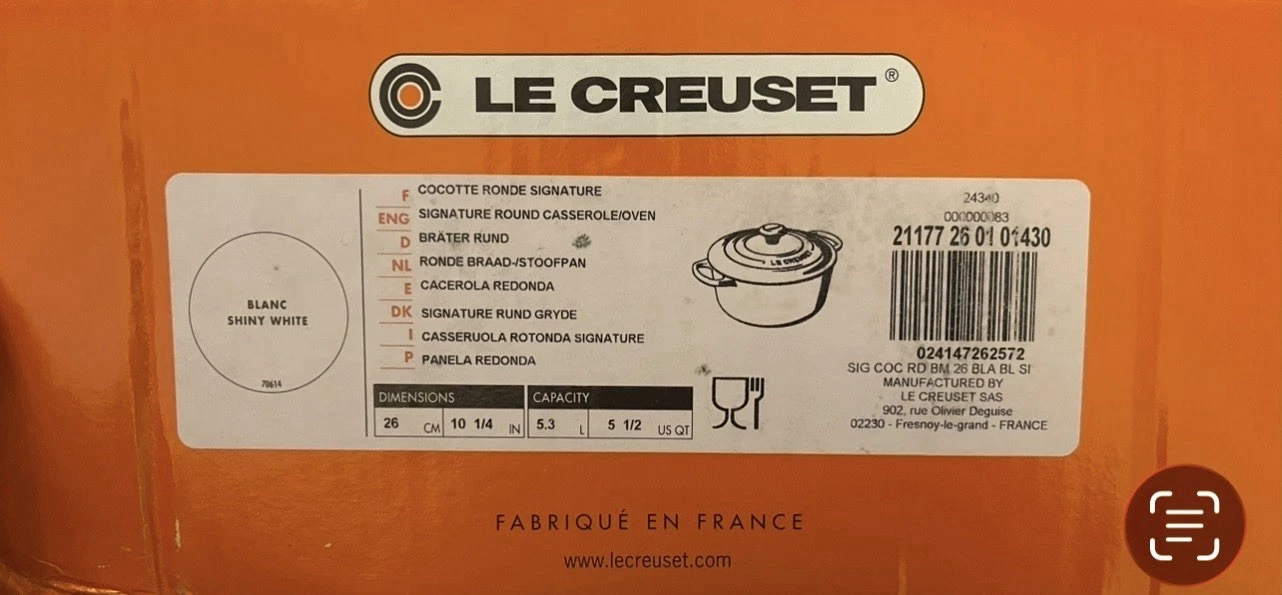 Le Creuset #26 10.25” White Round Cast Iron Enamel Dutch Oven 5.5 Quart $435