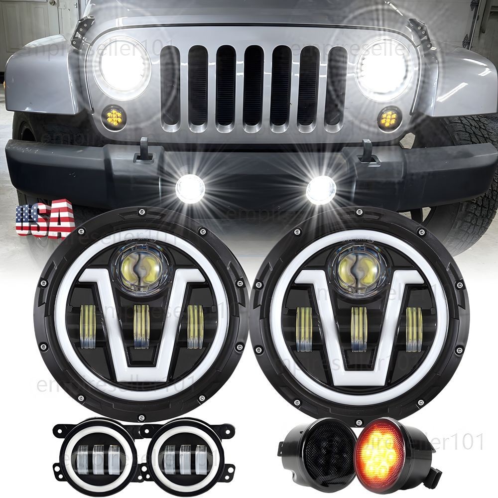 For Jeep Wrangler JK Rubicon Sahara LED 130W 7inch Halo Headlight Fog Turn Light