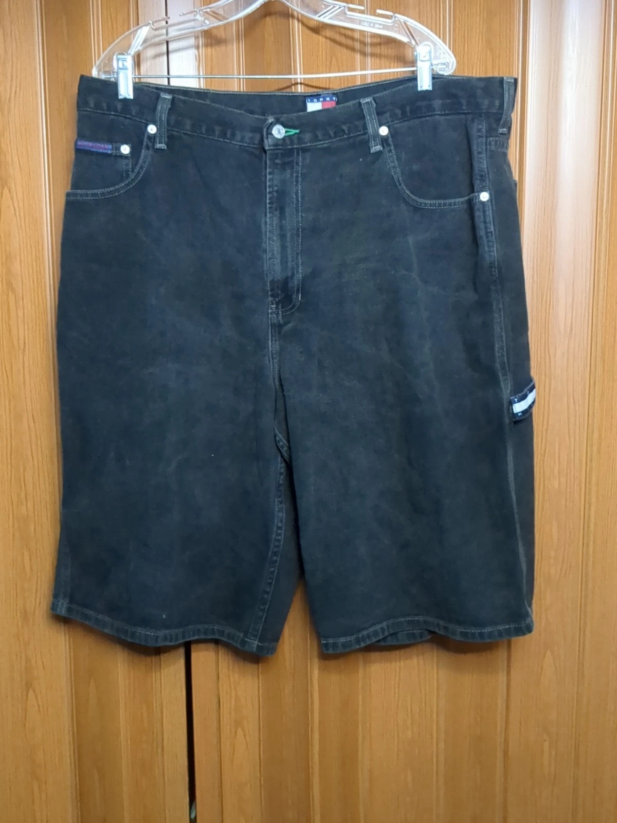 VTG Tommy Hilfiger Shorts Mens 40 Black Denim Jean Shorts Carpenter Baggy Y2K