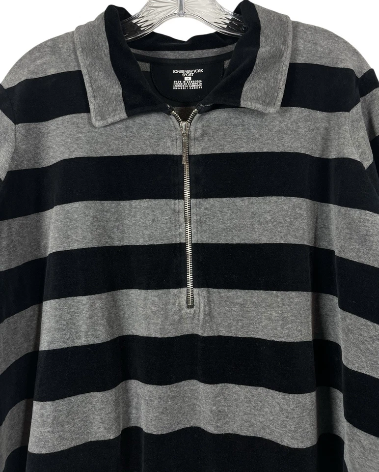 Jones New York Sport Sz 1X 1/4 Zip Black Gray Stripe Long Sleeve Top Velour - Image 2 of 4