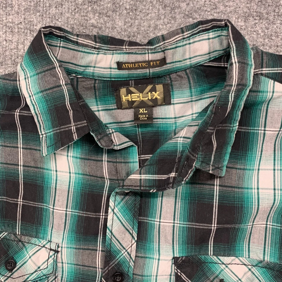 Camisa con botones Helix para hombre XL verde negra a cuadros calce atlético manga larga bolsillo Foto 4 de 4