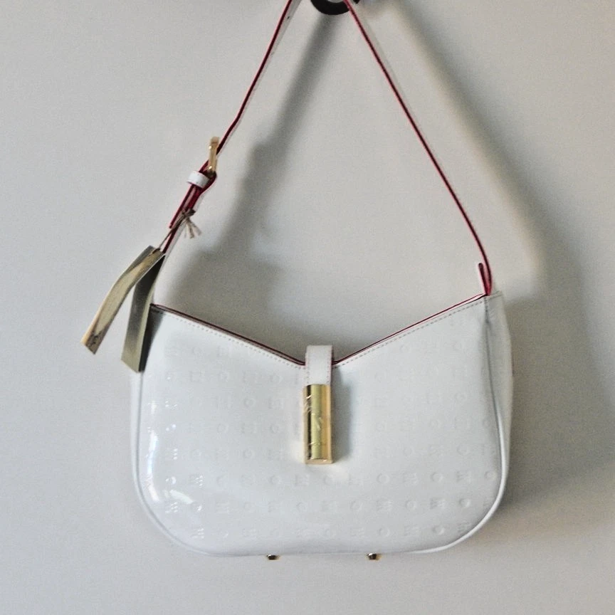 NWT ARCADIA Debossed Patent Leather Top Zip Tube Lock Shoulder Bag White Italy - Image 2 of 4