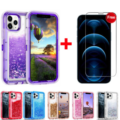 For iPhone 12/12mn /12Pro /12 Pro Max Shockproof Liquid Glitter Case+Screen Film
