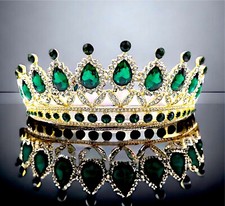STUNNING GOLDTONE GREEN PEAR  CRYSTAL RHINESTONE PRINCESS CROWN STATEMENT TIARA