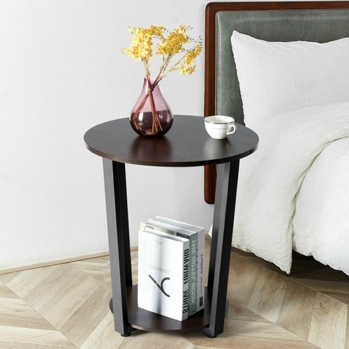 2-Tiers Round End Side Table Bedside Nightstand With Storage Shelf & Metal Frame - Picture 6 of 11